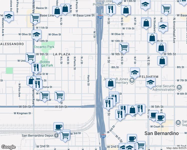map of restaurants, bars, coffee shops, grocery stores, and more near 748 North I Street in San Bernardino