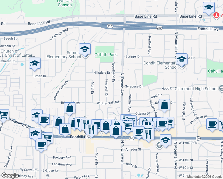 map of restaurants, bars, coffee shops, grocery stores, and more near 1129 Cedarview Drive in Claremont