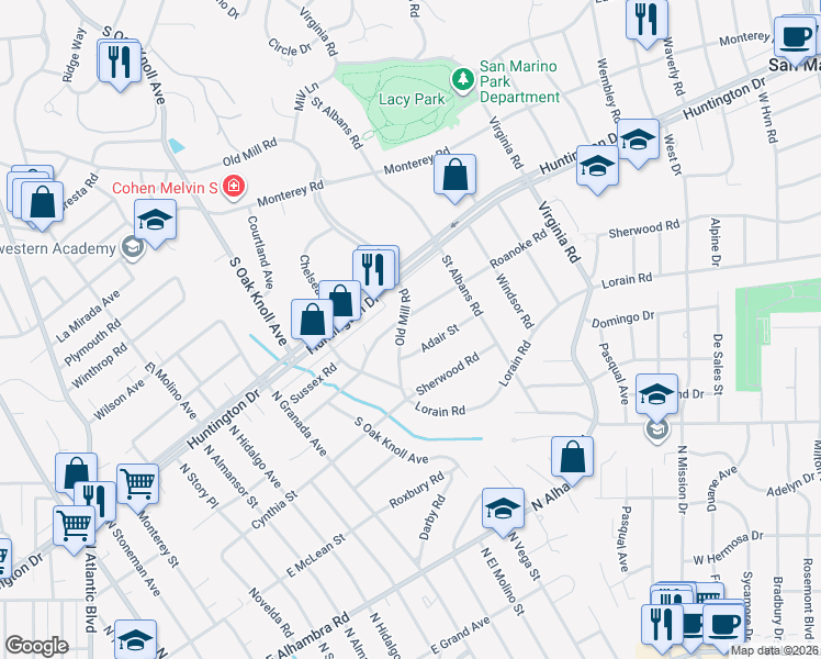 map of restaurants, bars, coffee shops, grocery stores, and more near 1710 Old Mill Road in San Marino