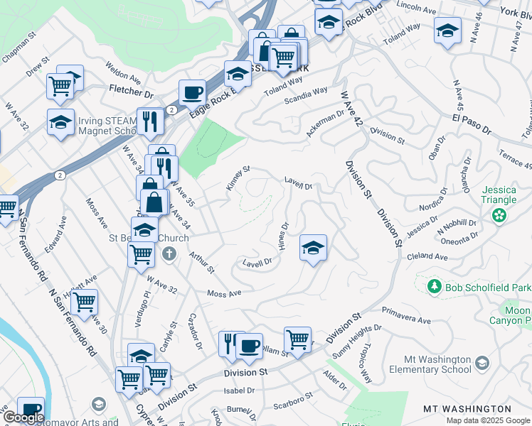 map of restaurants, bars, coffee shops, grocery stores, and more near 3626 The Paseo in Los Angeles