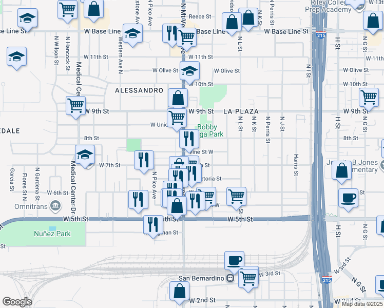 map of restaurants, bars, coffee shops, grocery stores, and more near 1279 Vine Street West in San Bernardino