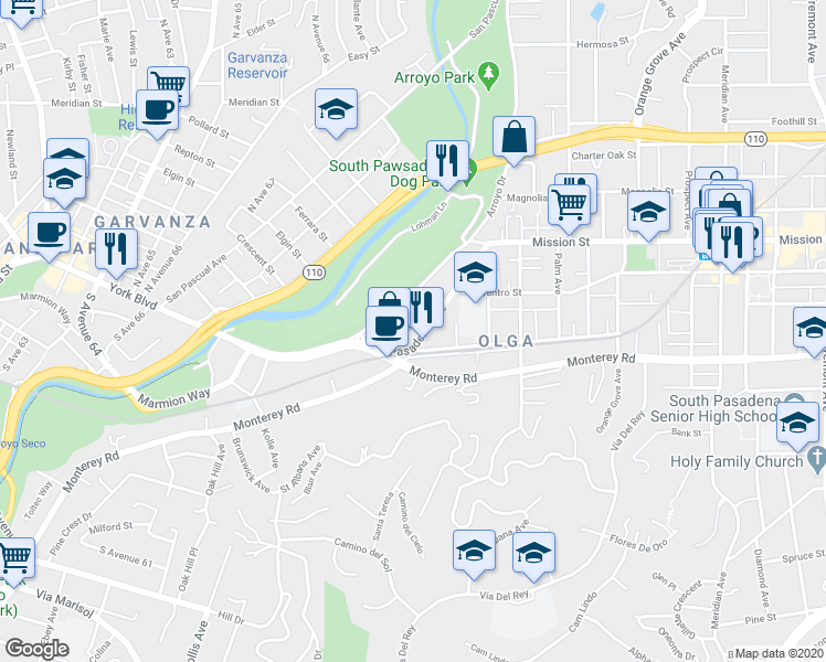 map of restaurants, bars, coffee shops, grocery stores, and more near 310 Pasadena Avenue in South Pasadena