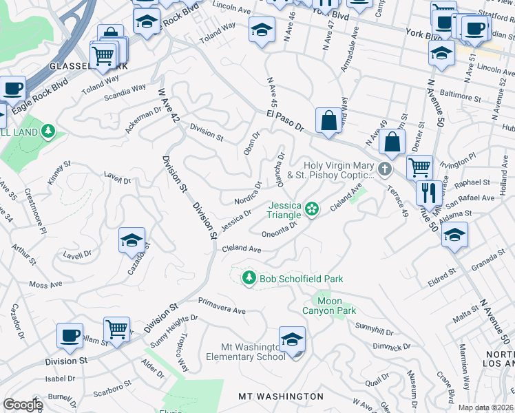 map of restaurants, bars, coffee shops, grocery stores, and more near Jessica Drive in Los Angeles