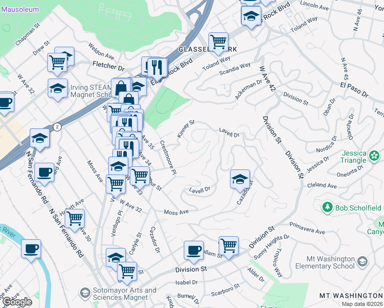 map of restaurants, bars, coffee shops, grocery stores, and more near 3608 North Paseo Drive in Los Angeles