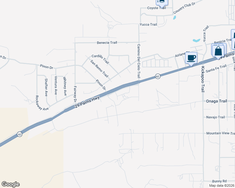 map of restaurants, bars, coffee shops, grocery stores, and more near 54763 29 Palms Highway in Yucca Valley