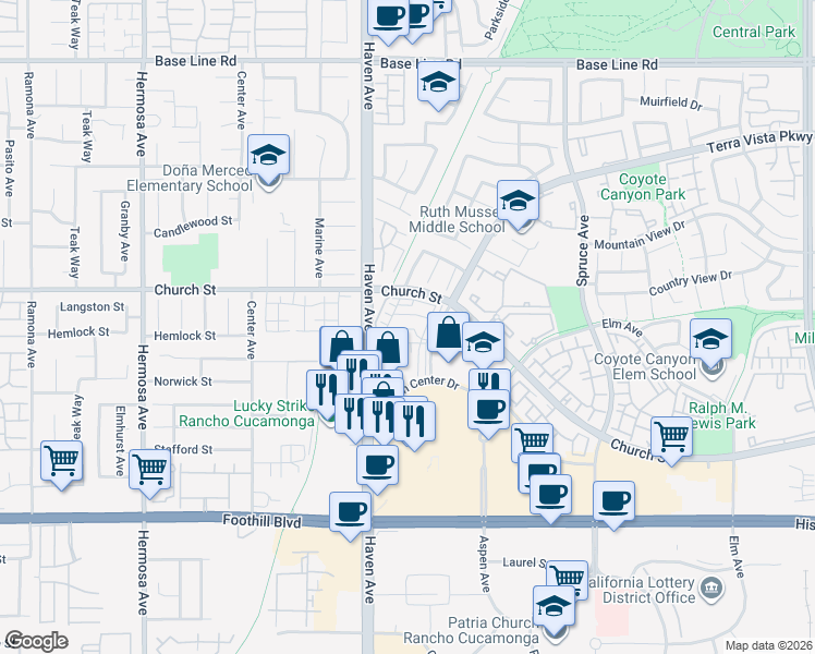 map of restaurants, bars, coffee shops, grocery stores, and more near 10550 Wilding Drive in Rancho Cucamonga