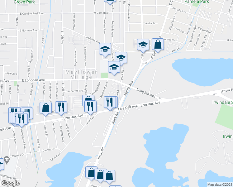 map of restaurants, bars, coffee shops, grocery stores, and more near 2858 Sycamore Lane in Arcadia