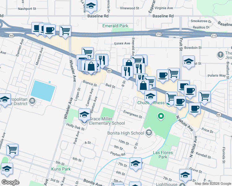 map of restaurants, bars, coffee shops, grocery stores, and more near 1825 Circle Court in La Verne