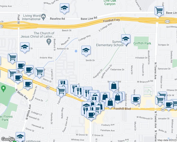 map of restaurants, bars, coffee shops, grocery stores, and more near 3909 Garey Avenue in Claremont