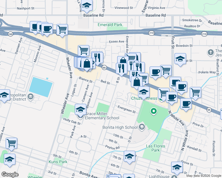 map of restaurants, bars, coffee shops, grocery stores, and more near 1803 Circle Court in La Verne