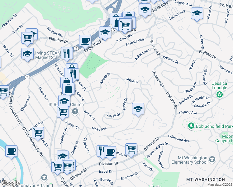 map of restaurants, bars, coffee shops, grocery stores, and more near 3626 The Paseo in Los Angeles
