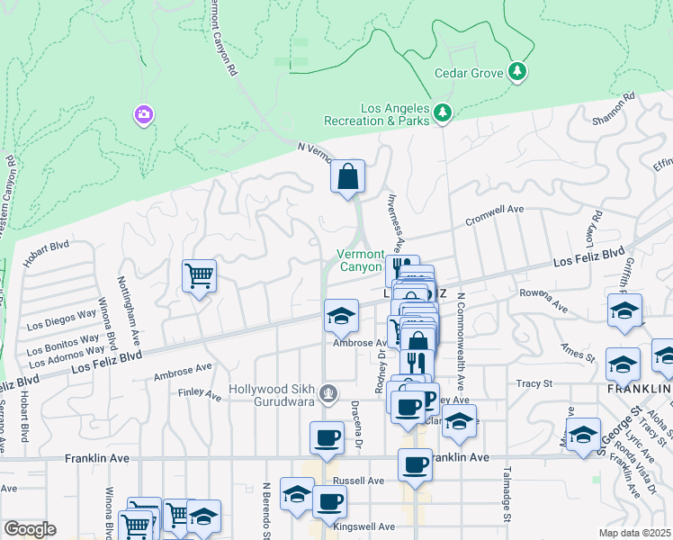 map of restaurants, bars, coffee shops, grocery stores, and more near 2324 North Vermont Avenue in Los Angeles