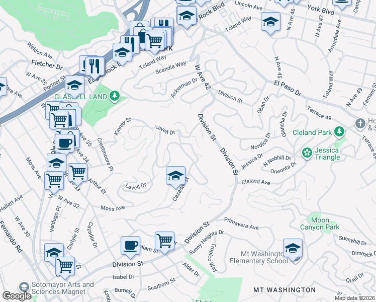 map of restaurants, bars, coffee shops, grocery stores, and more near 3854 Cazador Street in Los Angeles