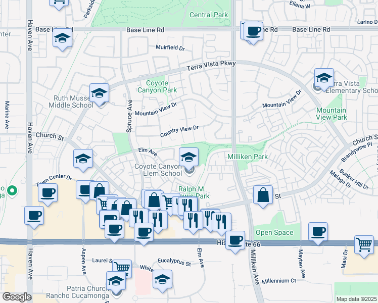 map of restaurants, bars, coffee shops, grocery stores, and more near 7801 Danner Court in Rancho Cucamonga
