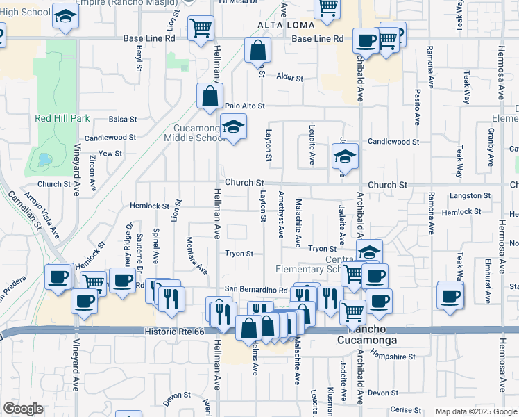 map of restaurants, bars, coffee shops, grocery stores, and more near 7769 Onyx Avenue in Rancho Cucamonga