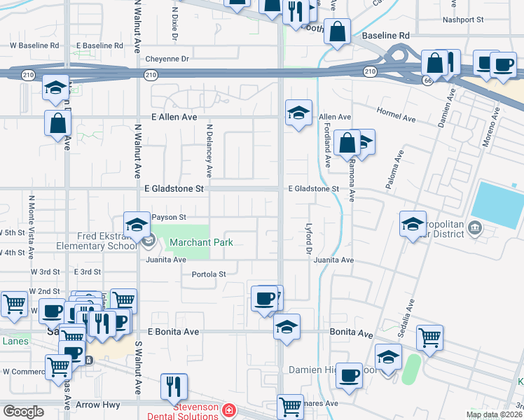 map of restaurants, bars, coffee shops, grocery stores, and more near 618 East Norwood Court in San Dimas