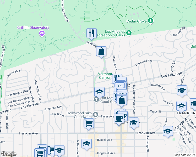 map of restaurants, bars, coffee shops, grocery stores, and more near 2324 North Vermont Avenue in Los Angeles