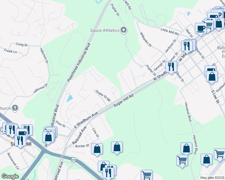 map of restaurants, bars, coffee shops, grocery stores, and more near 110 Lawson Street in Buford
