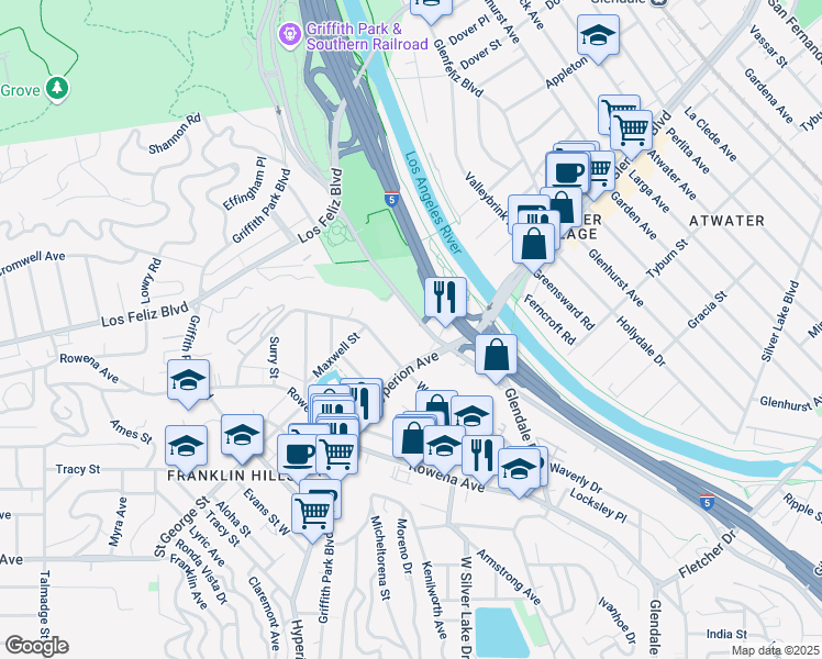 map of restaurants, bars, coffee shops, grocery stores, and more near 3100 Riverside Drive in Los Angeles