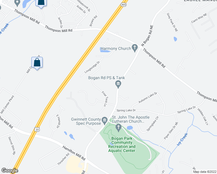 map of restaurants, bars, coffee shops, grocery stores, and more near 2848 North Bogan Road Northeast in Buford