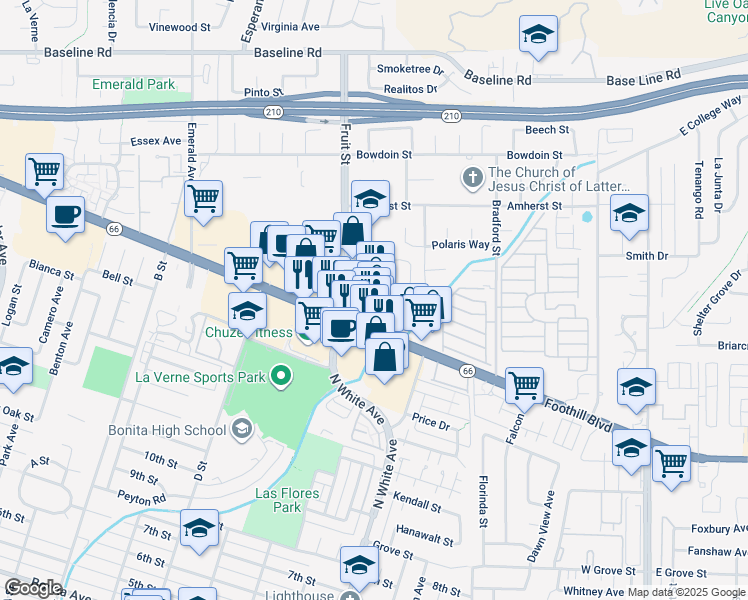 map of restaurants, bars, coffee shops, grocery stores, and more near 2353 Foothill Boulevard in La Verne