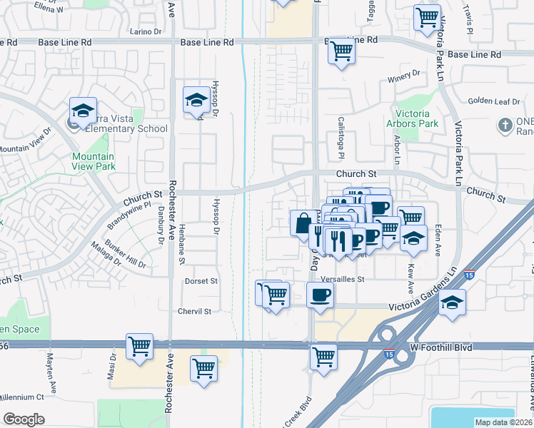 map of restaurants, bars, coffee shops, grocery stores, and more near 7736 Chambray Place in Rancho Cucamonga