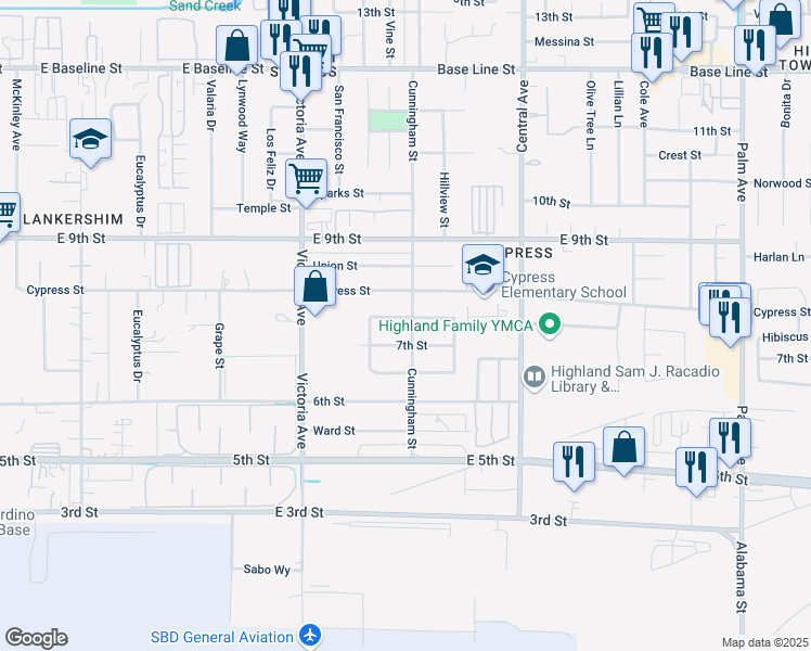 map of restaurants, bars, coffee shops, grocery stores, and more near 7776 Cunningham Street in Highland