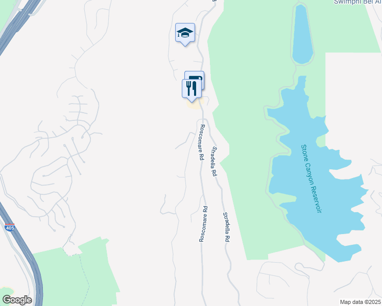 map of restaurants, bars, coffee shops, grocery stores, and more near 2225 Roscomare Road in Los Angeles
