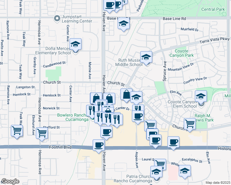 map of restaurants, bars, coffee shops, grocery stores, and more near 10550 Wilding Drive in Rancho Cucamonga