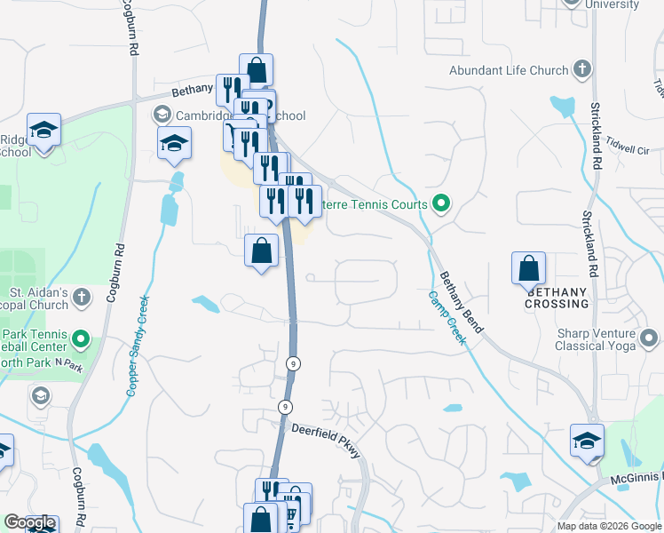 map of restaurants, bars, coffee shops, grocery stores, and more near 13638 Weycroft Circle in Alpharetta