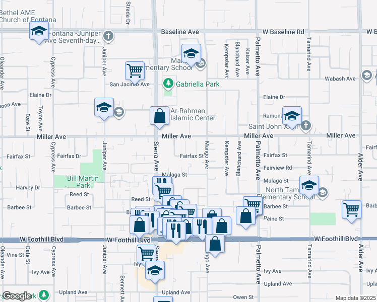 map of restaurants, bars, coffee shops, grocery stores, and more near 7749 Newport Court in Fontana