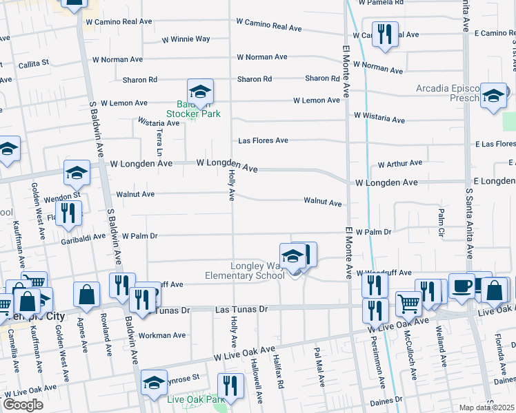 map of restaurants, bars, coffee shops, grocery stores, and more near 344 Walnut Avenue in Arcadia