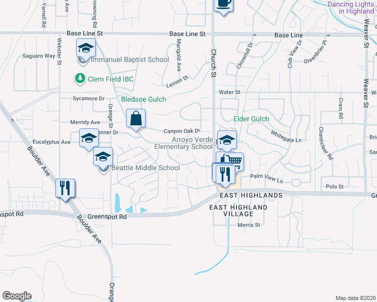 map of restaurants, bars, coffee shops, grocery stores, and more near 7727 Jack Rabbit Lane in Highland