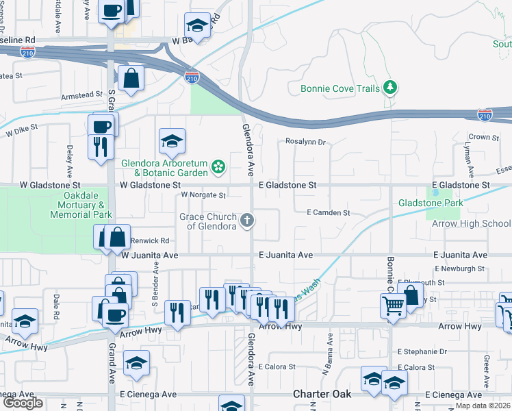 map of restaurants, bars, coffee shops, grocery stores, and more near 114 West Norgate Street in Glendora