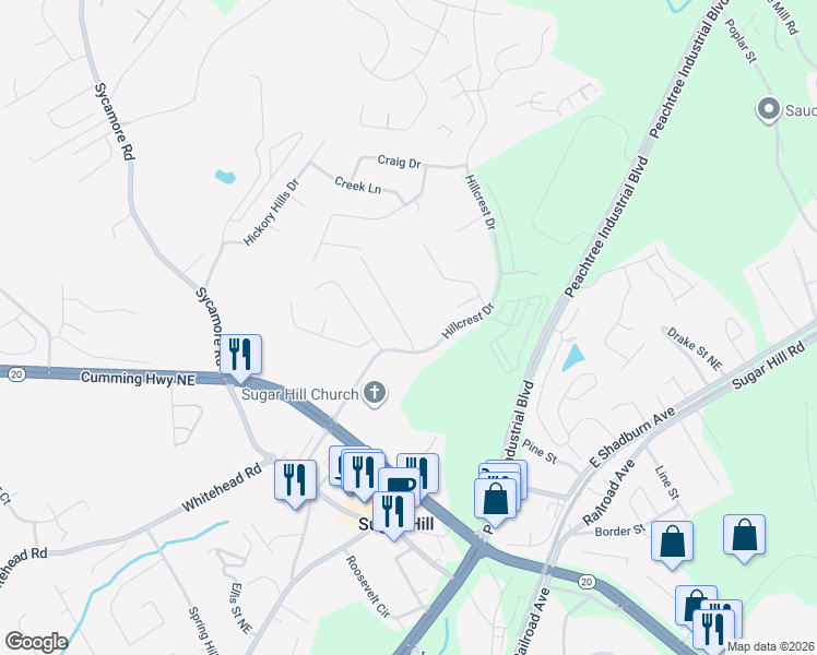 map of restaurants, bars, coffee shops, grocery stores, and more near 5135 Sugar Crest Drive in Sugar Hill