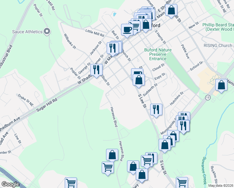 map of restaurants, bars, coffee shops, grocery stores, and more near 490 South Street in Buford