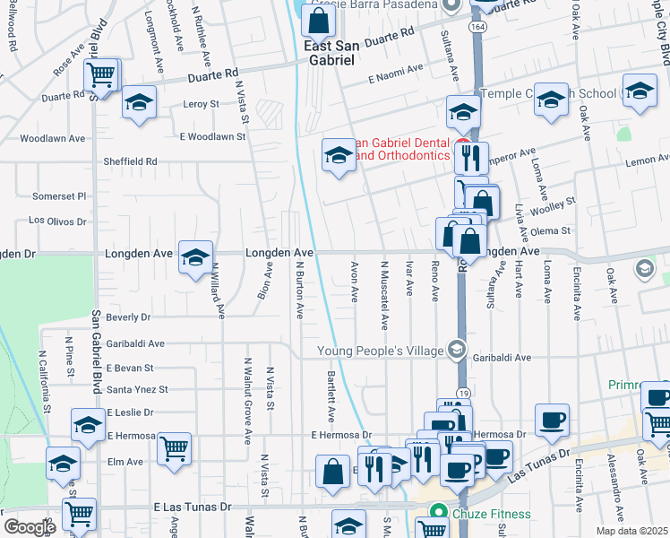 map of restaurants, bars, coffee shops, grocery stores, and more near 8700 Wendon Street in San Gabriel