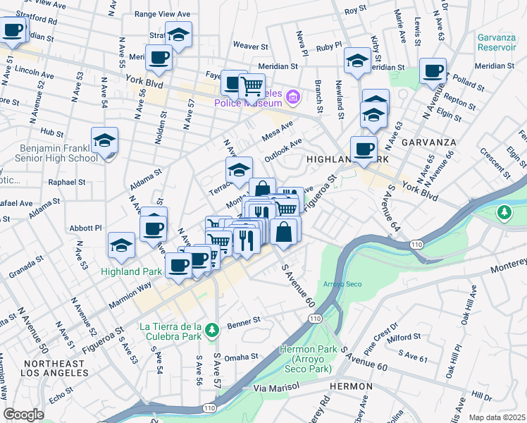 map of restaurants, bars, coffee shops, grocery stores, and more near 150 North Avenue 61 in Los Angeles