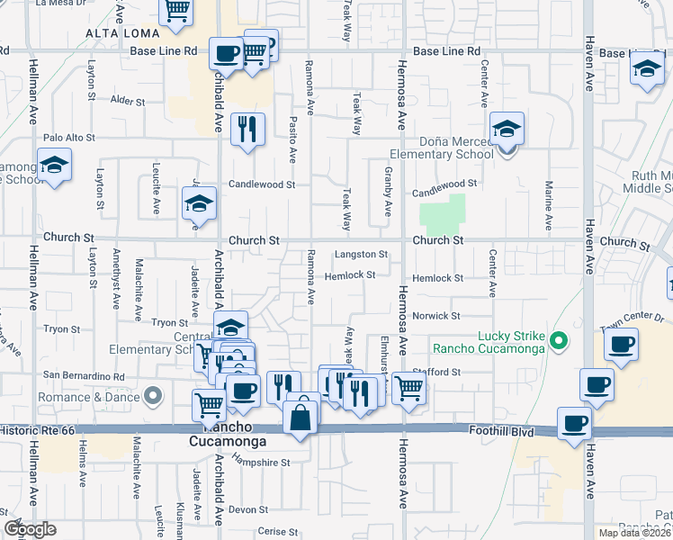 map of restaurants, bars, coffee shops, grocery stores, and more near 9956 Hemlock Street in Rancho Cucamonga
