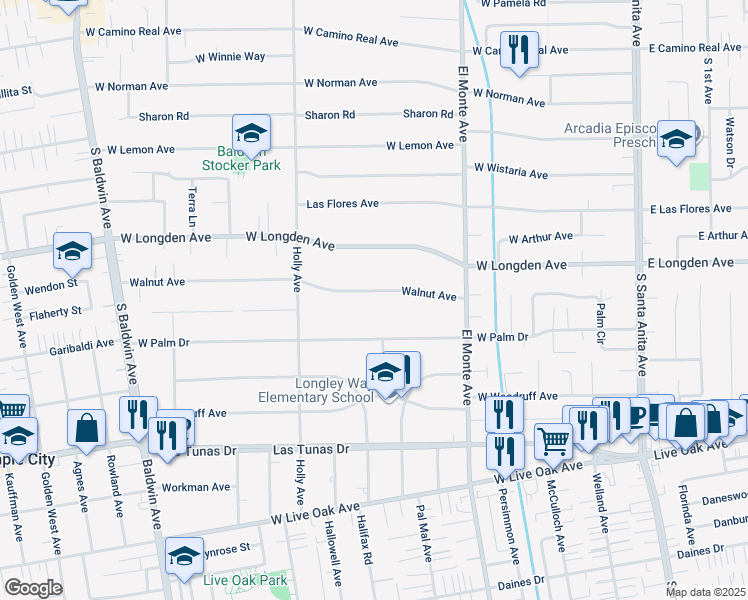 map of restaurants, bars, coffee shops, grocery stores, and more near 308 Walnut Avenue in Arcadia