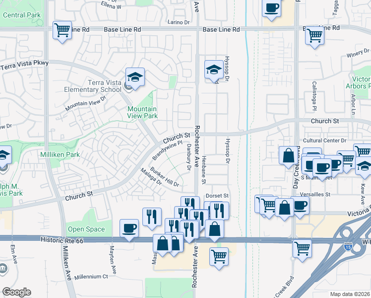 map of restaurants, bars, coffee shops, grocery stores, and more near 7757 Danbury Drive in Rancho Cucamonga