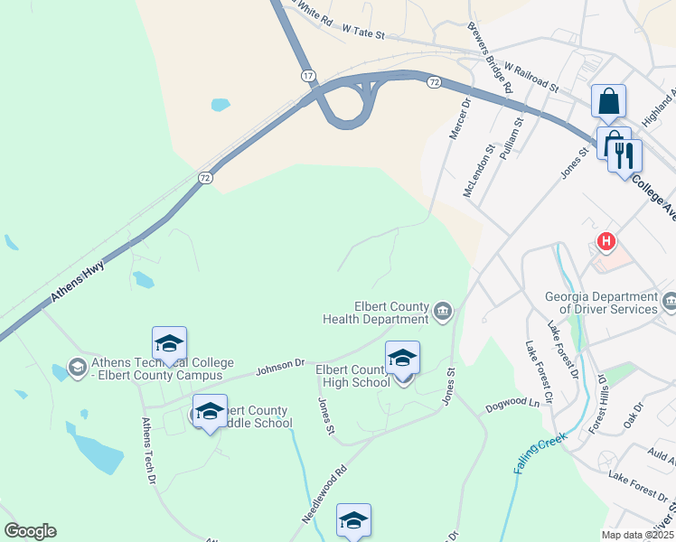 map of restaurants, bars, coffee shops, grocery stores, and more near 871 Mercer Drive in Elberton
