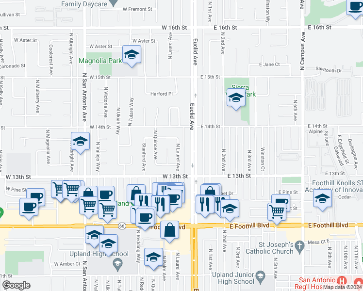 map of restaurants, bars, coffee shops, grocery stores, and more near 1364 North Laurel Avenue in Upland