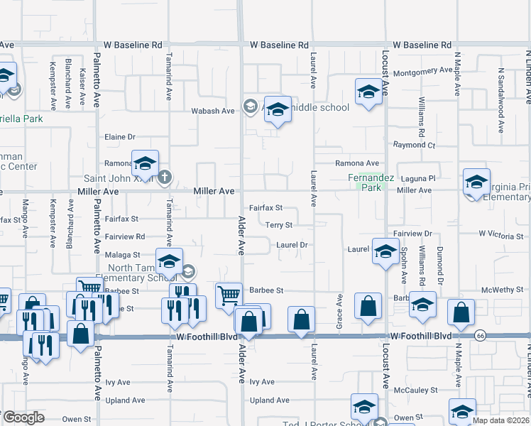 map of restaurants, bars, coffee shops, grocery stores, and more near 17767 Fairfax Street in Fontana