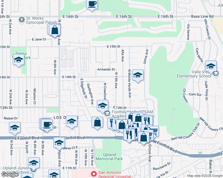 map of restaurants, bars, coffee shops, grocery stores, and more near Dorian Court in Upland