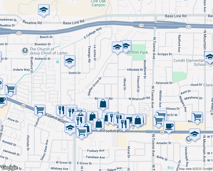 map of restaurants, bars, coffee shops, grocery stores, and more near 3856 Requa Avenue in Claremont