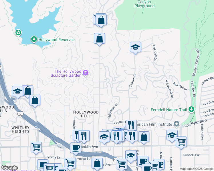 map of restaurants, bars, coffee shops, grocery stores, and more near Graciosa Drive in Los Angeles
