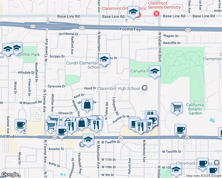 map of restaurants, bars, coffee shops, grocery stores, and more near 728 Hood Drive in Claremont