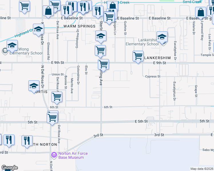 map of restaurants, bars, coffee shops, grocery stores, and more near 25742 7th Street in San Bernardino
