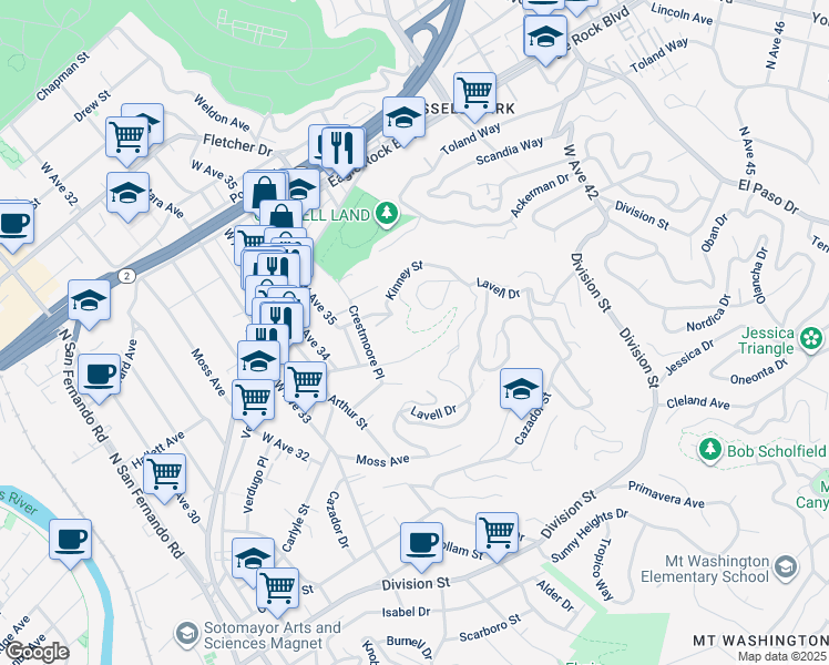 map of restaurants, bars, coffee shops, grocery stores, and more near 3600 North Paseo Drive in Los Angeles